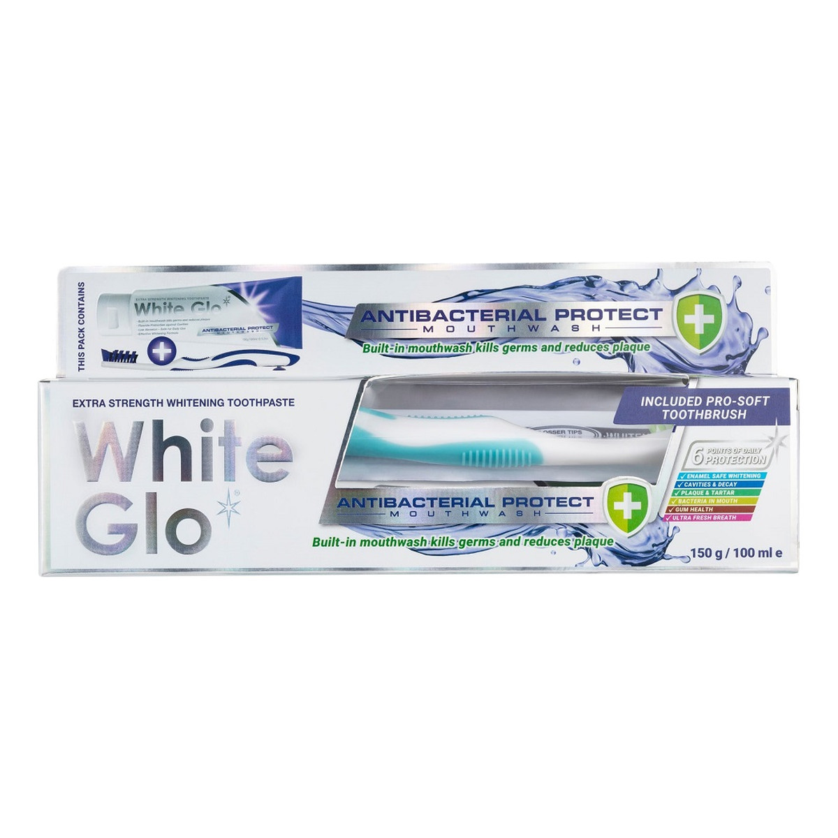 White Glo Antibacterial protect mouthwash toothpaste antybakteryjna wybielająca pasta do zębów 150g/100ml + szczoteczka