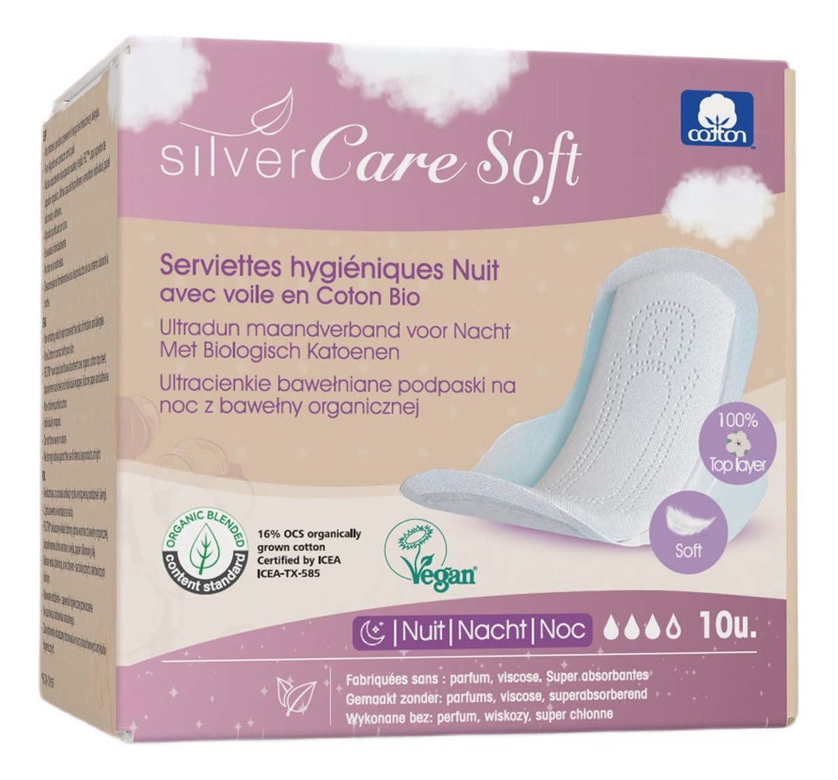 Silvercare soft ultracienkie bawełniane podpaski na noc ze skrzydełkami 10szt.