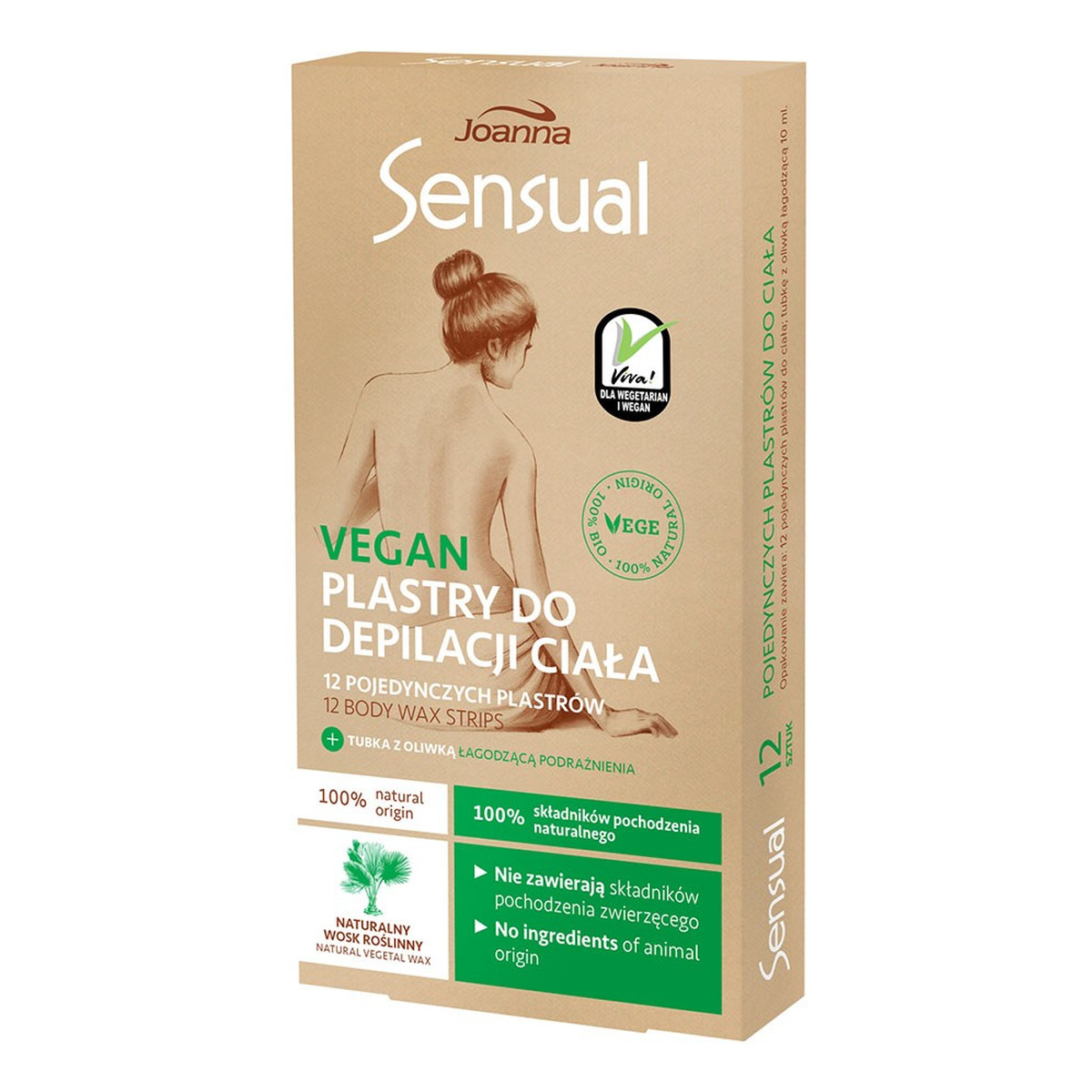 Joanna Sensual Vegan Plastry do depilacji ciała 12 sztuk + Tubka z oliwką łagodzącą 10ml