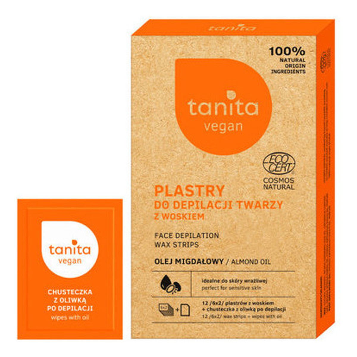 Tanita Vegan Plastry do depilacji twarzy z woskiem i olejem migdałowym 12 szt.
