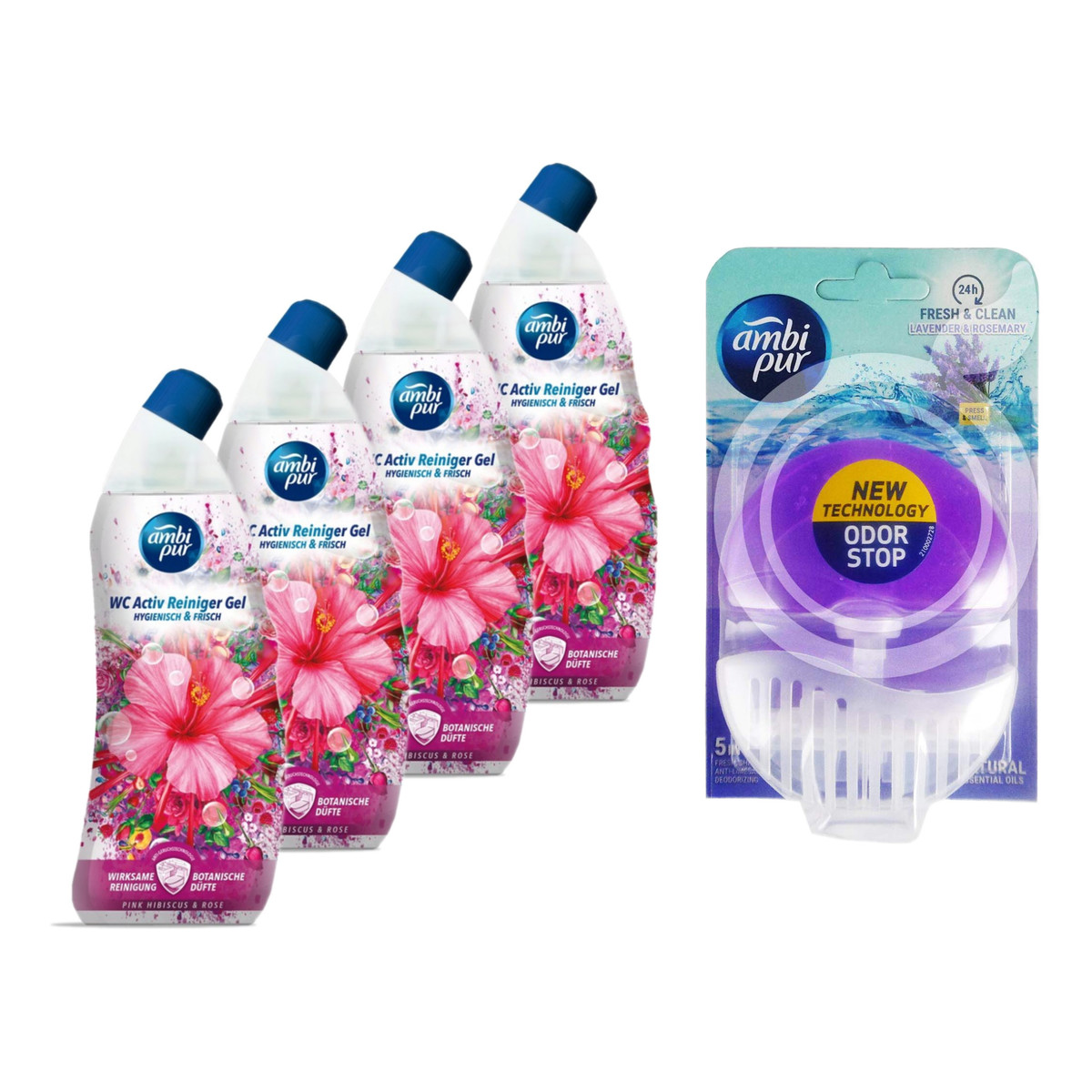 Ambi Pur Żel do WC Pink Hibiscus Rose 4x750ml + Zawieszka Lavender