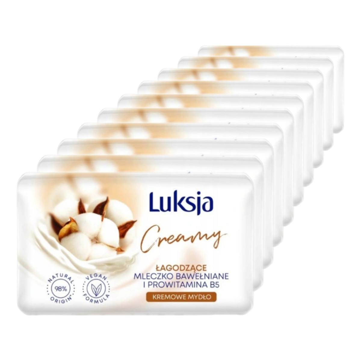 Luksja Creamy & Soft Łagodzące Kremowe Mydło w kostce Mleczko Bawełniane & Prowitamina B5 10x90g