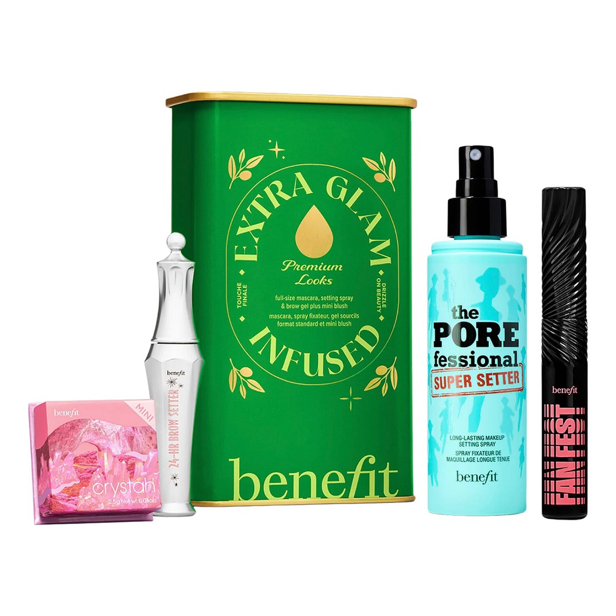 Benefit Extra Glam Infused Zestaw tusz do rzęs 8.5g + spray utrwalający makijaż 30ml + żel do brwi 7ml + różowo-truskawkowy róż do policzków 2.5g