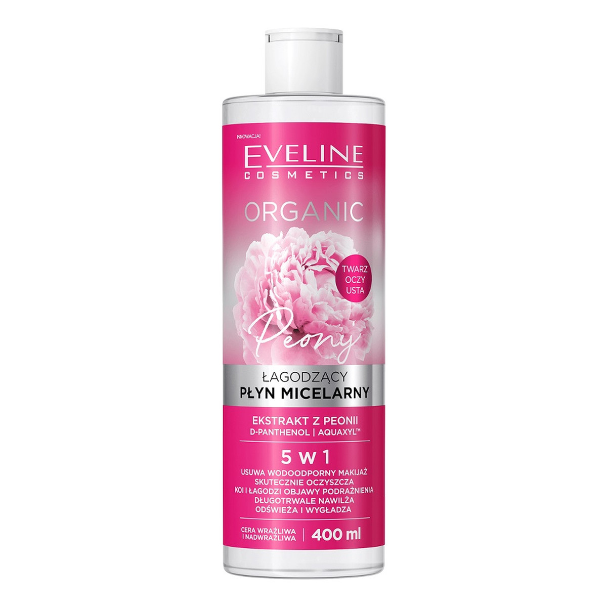 Eveline Organic peony łagodzący płyn micelarny 5w1 do cery wrażliwej i nadwrażliwej ekstrakt z peonii 400ml