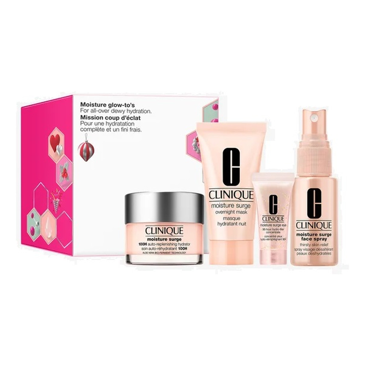 Clinique Zestaw Moisture Glow-To'S Moisture Surge 100-H Auto-Replenishing Hydrator + Moisture Surge Overnight Mask + Moisture Surge Eye 96-Hour Hydro-Filler Concentrate + Moisture Surge Face Spray Thirsty Skin Relief