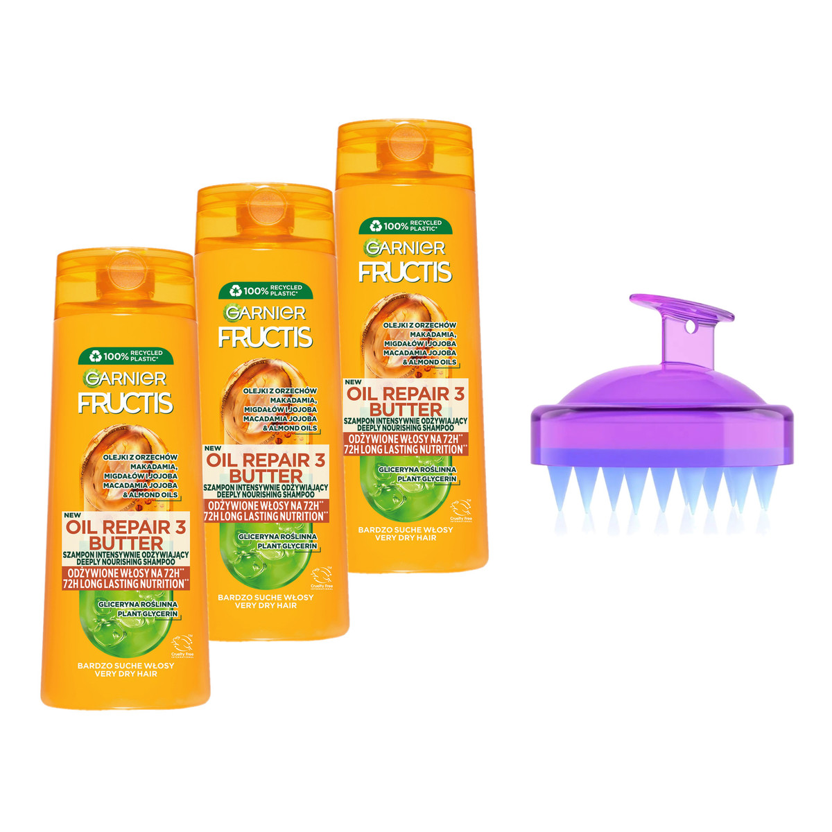 Garnier Fructis Oil Repair 3 Butter Szampon intensywnie odżywiający 3x400ml + Masażer