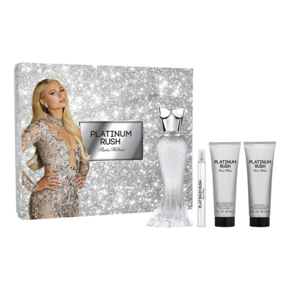 Paris Hilton Platinum Rush zestaw woda perfumowana spray 100ml + woda perfumowana spray 10ml + balsam do ciała 90ml + żel pod prysznic 90ml