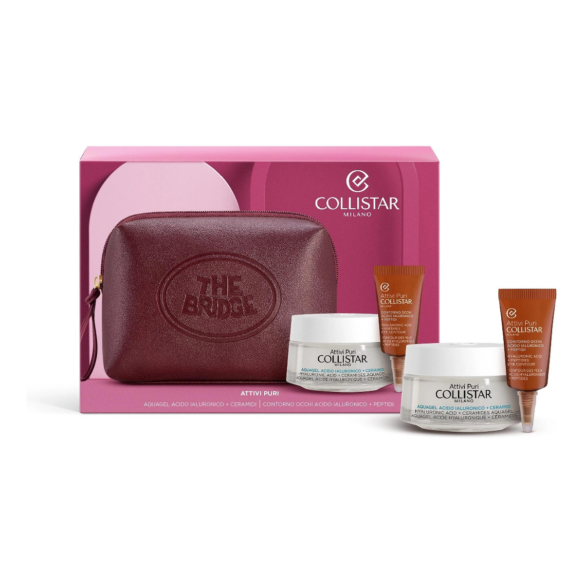 Collistar Attivi Puri Zestaw wodny żel z kwasem hialuronowym i ceramidami 50ml + żel do skóry wokół oczu z kwasem hialuronowym i peptydami 5ml + krople samoopalające + kosmetyczka