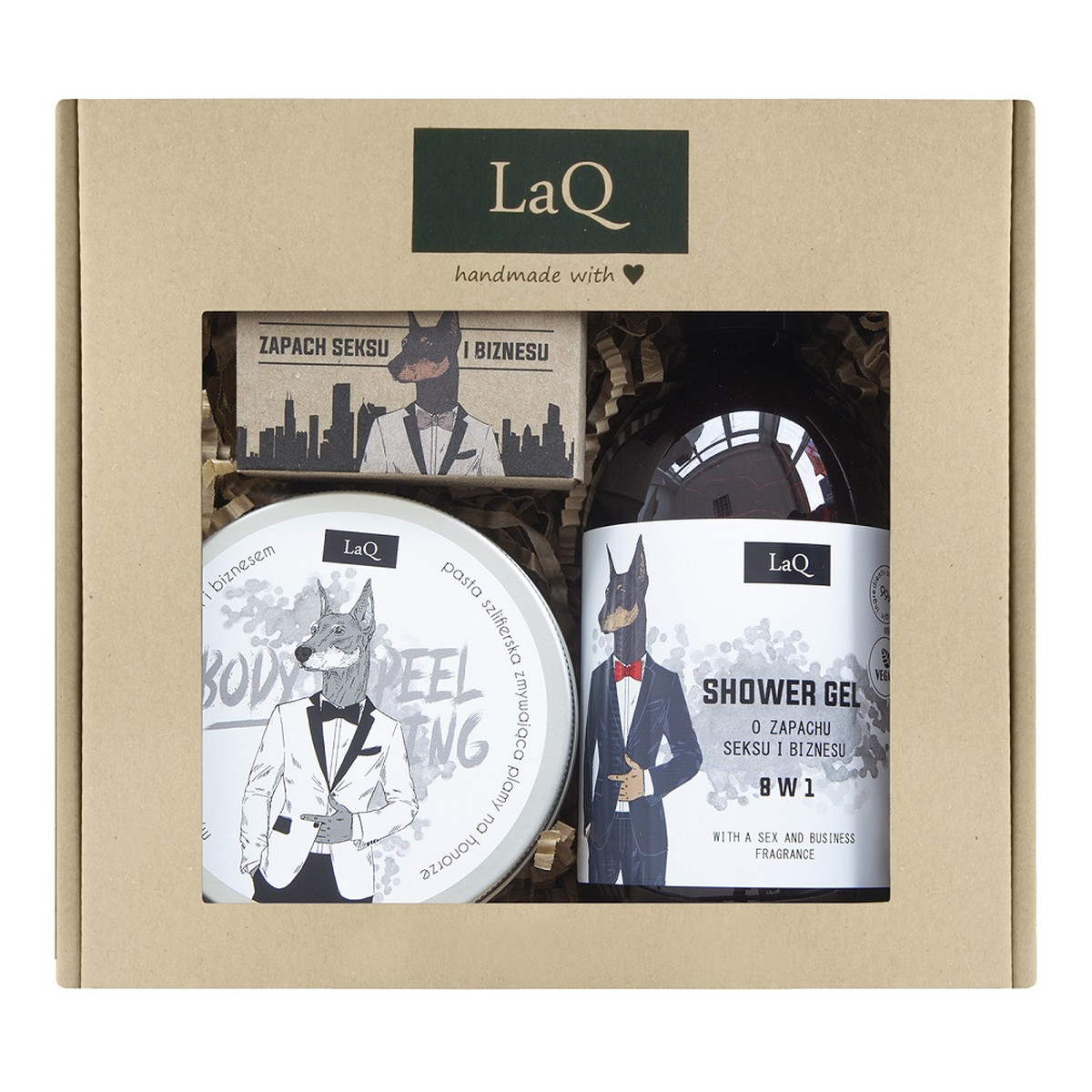 Laq Doberman Zestaw żel pod prysznic 500ml + mydło w kostce 85g + peeling do ciała 200ml