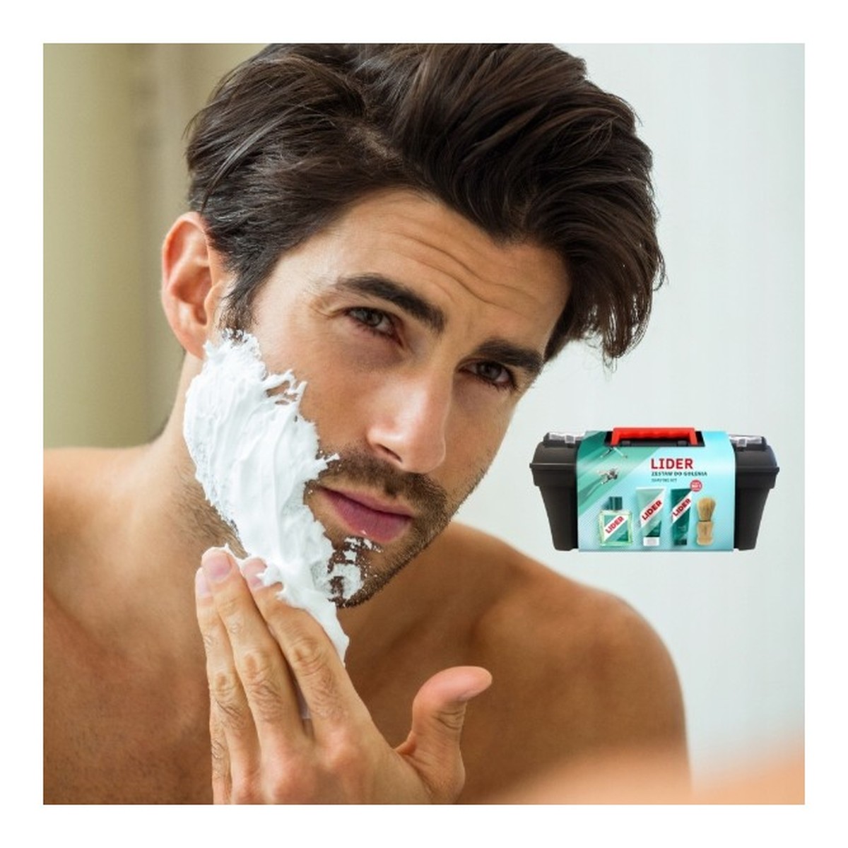 Lider Zestaw prezentowy dla mężczyzny Pędzel do golenia + Krem do golenia + Płyn po goleniu + Balsam po goleniu