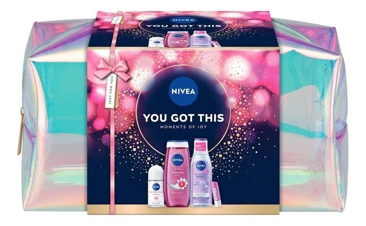 Zestaw żel pod prysznic 250ml + kojący płyn micelarny 200ml + antyperspirant roll-on 50ml + pielęgnująca pomadka do ust 4.8g