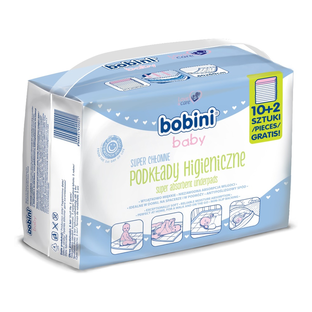 Bobini Baby Super chłonne podkłady higieniczne dla niemowląt i dzieci 12 sztuk