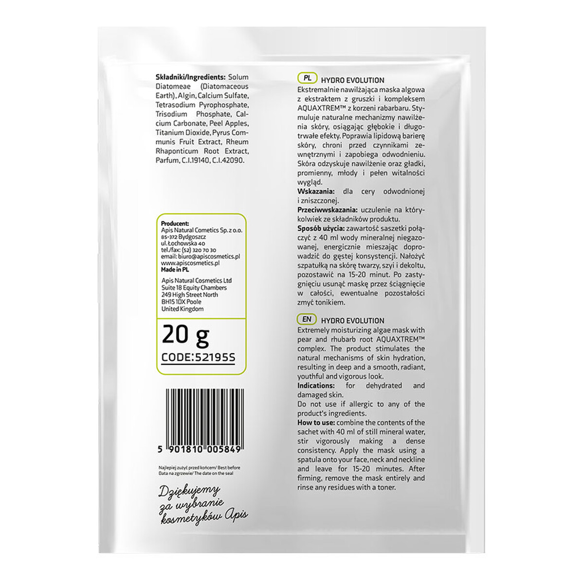 Apis Hydro Evolution ekstremalnie nawilżająca maska algowa z gruszką i rabarbarem AQUAXTREM™ 20g