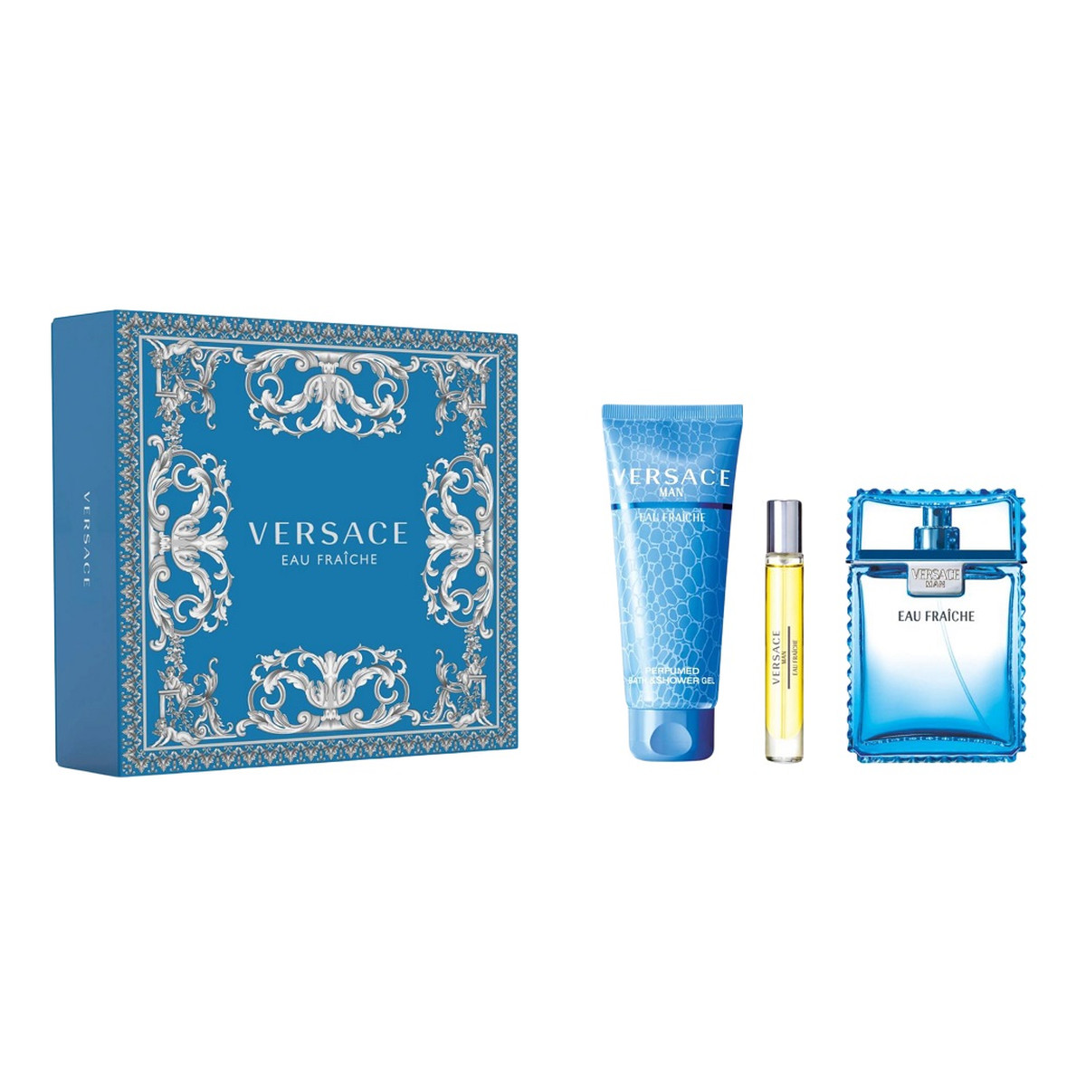 Versace Man Eau Fraiche Zestaw woda toaletowa spray 100ml + woda toaletowa spray 10ml + żel pod prysznic 150ml