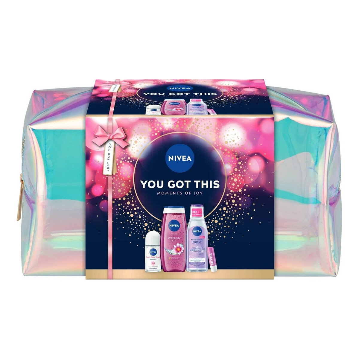 Nivea You Got This Zestaw żel pod prysznic 250ml + kojący płyn micelarny 200ml + antyperspirant roll-on 50ml + pielęgnująca pomadka do ust 4.8g