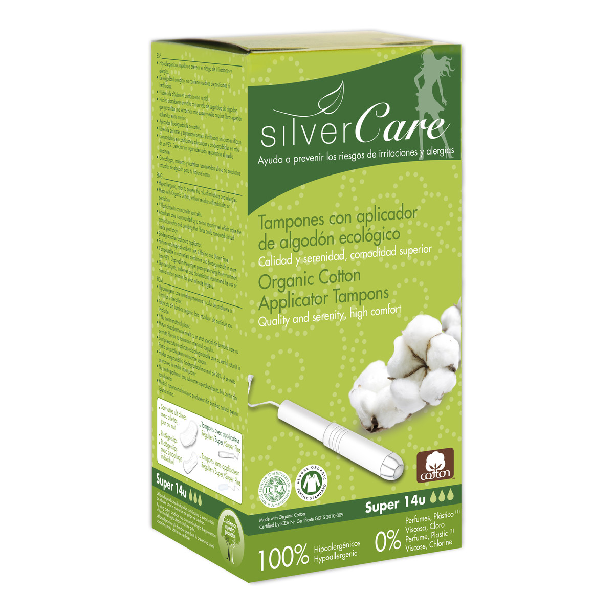 MASMI Silver Care Organiczne bawełniane tampony Super z aplikatorem 100% bawełny organicznej 14szt