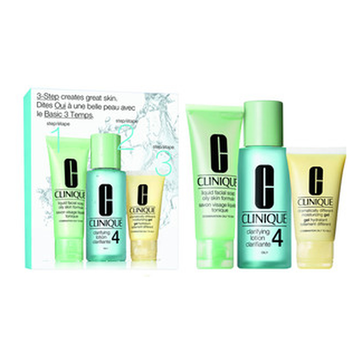 Clinique Zestaw 3 Kroki Typ skóry 4 - Tłusta lub bardzo tłusta Mydło w płynie 50 ml + płyn złuszczający 100 ml + emulsja nawilżająca 30 ml