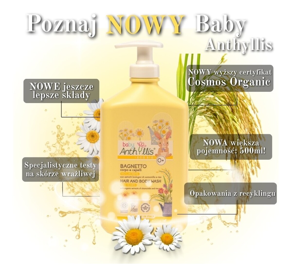 Delikatny bio płyn do kąpieli i szampon 2w1 BEZ ŁEZ z organicznym rumiankiem i proteinami ryżu