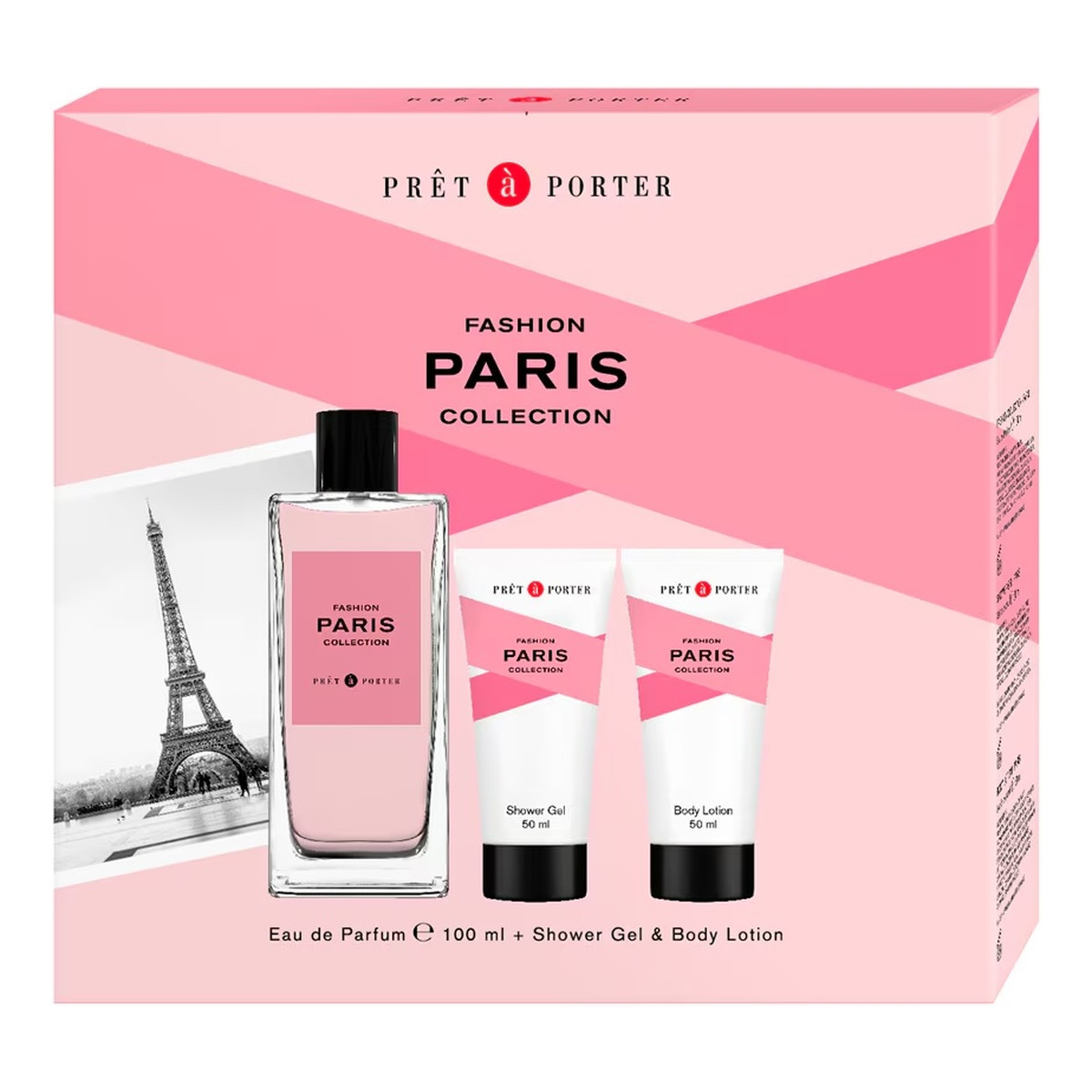 Coty Pret A Porter Paris Zestaw woda perfumowana spray 100ml + balsam do ciała 50ml + żel pod prysznic 50ml