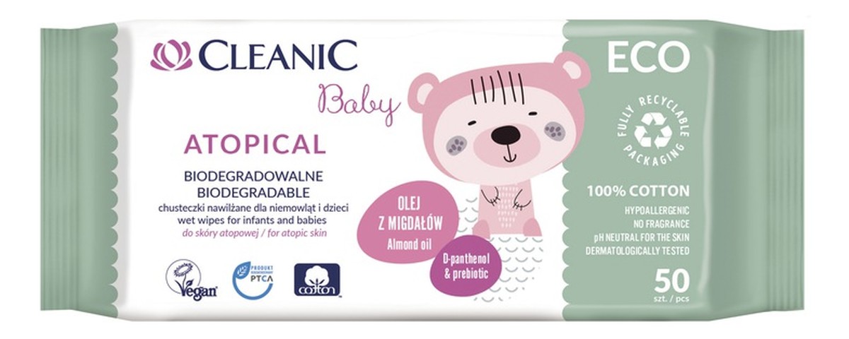 Baby ECO Atopical Biodegradowalne chusteczki nawilżane dla niemowląt i dzieci do skóry atopowej 50 szt.