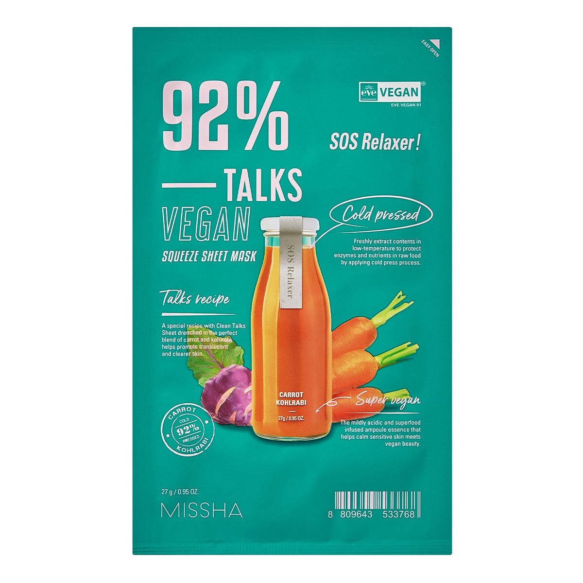 Missha Talks vegan squeeze sheet mask kojąca maseczka w płachcie dla skóry wrażliwej sos relaxer 27g