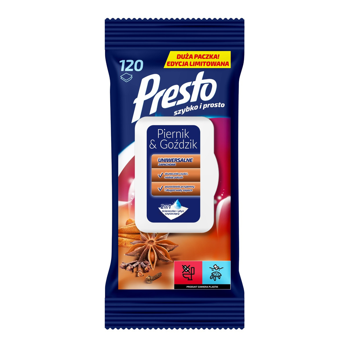 Presto Clean Ściereczki czyszczące + płyn 2w1 uniwersalne Piernik & Goździk 120szt