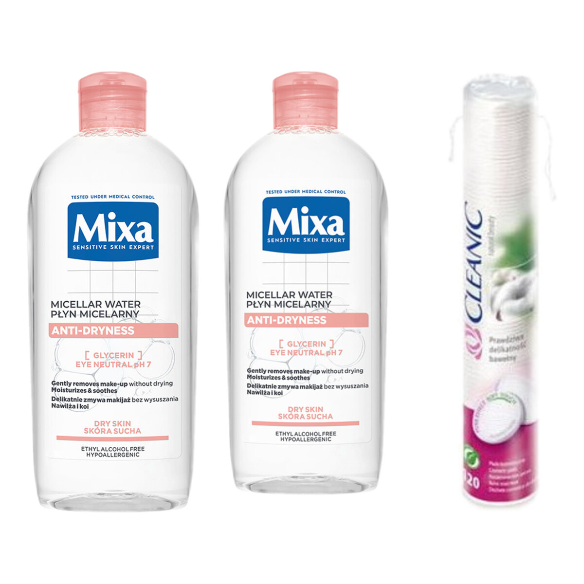 Mixa Ekspert Skóry Wrażliwej Przeciw Przesuszaniu Płyn Micelarny 2x400ml + Cleanic Płatki kosmetyczne 120 szt.