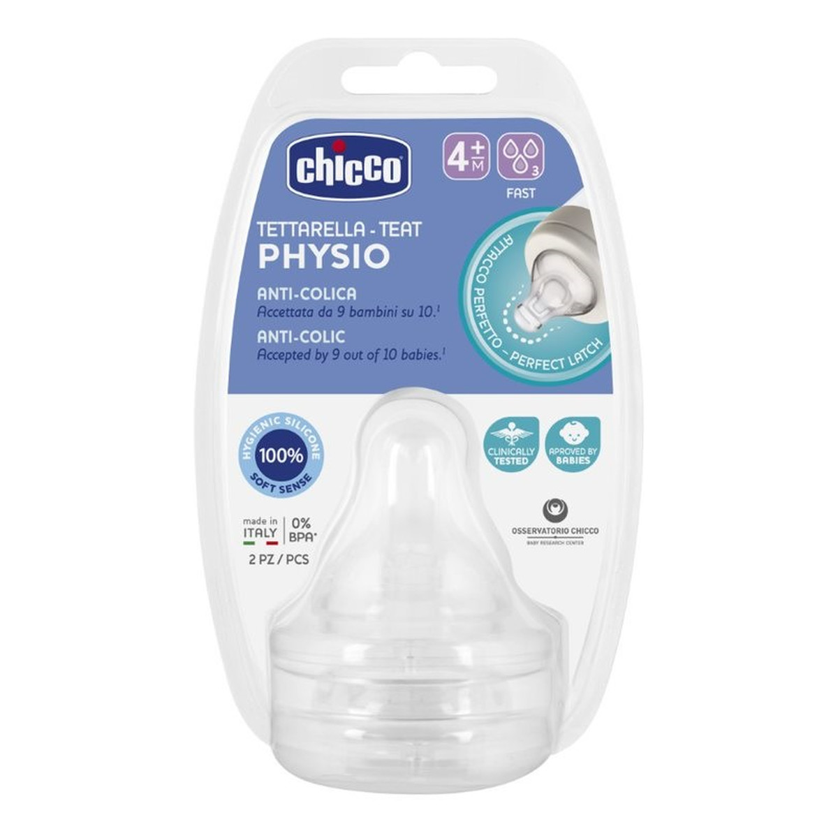 Chicco Physio smoczek antykolkowy na butelkę przepływ szybki 4m+ 2szt