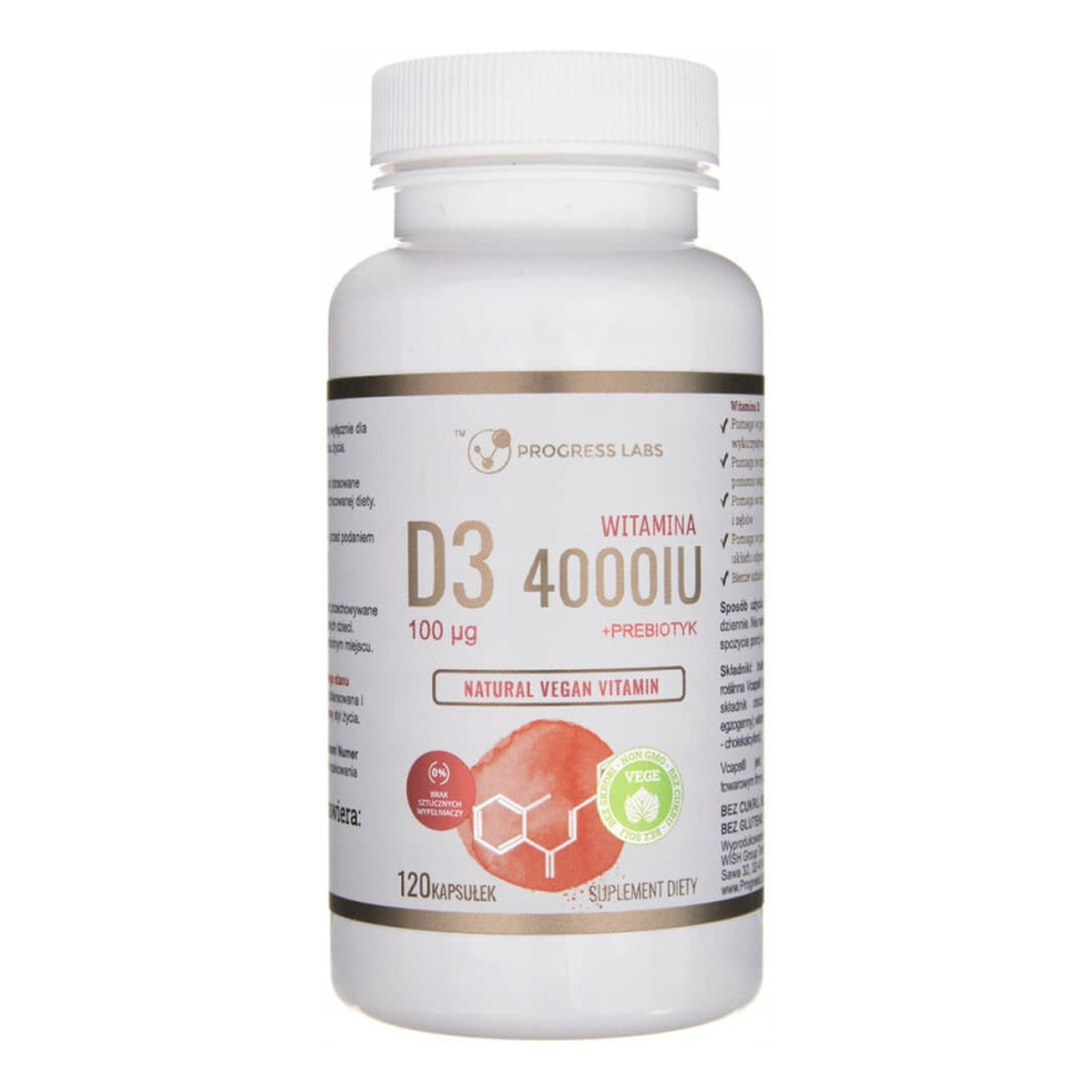 Progress Labs Witamina D3 + Prebiotyk suplement diety 120 tabletek 4000mg