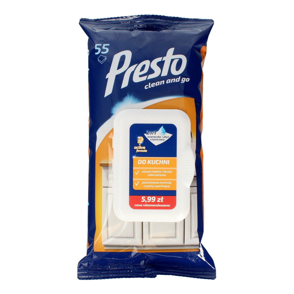 Presto Clean Ściereczki czyszczące+płyn 2w1 do kuchni zamknięcie pop up 1op.-55szt