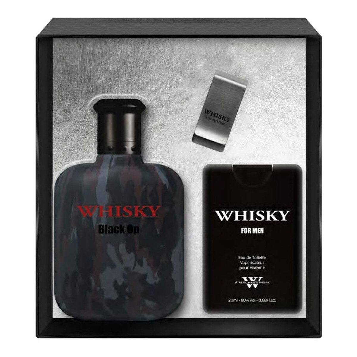 Evaflor Whisky Black Op Zestaw woda toaletowa spray 100ml + woda toaletowa spray 20ml + klips na banknoty