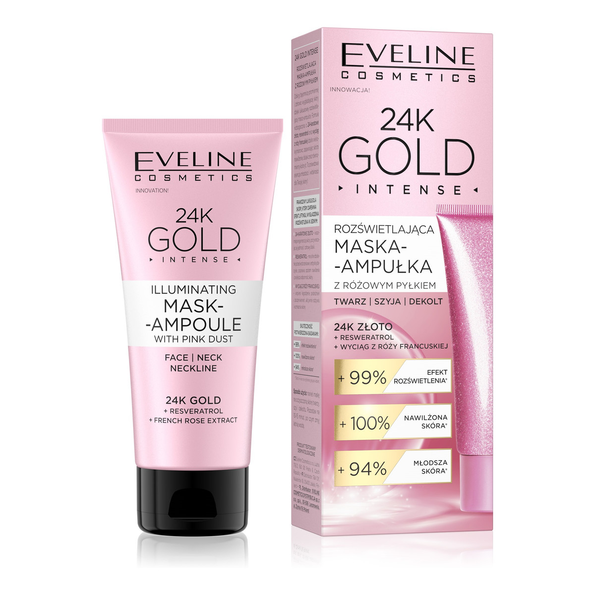 Eveline 24K Gold Rozświetlająca Maska - Ampułka Z Różowym Pyłkiem 50ml