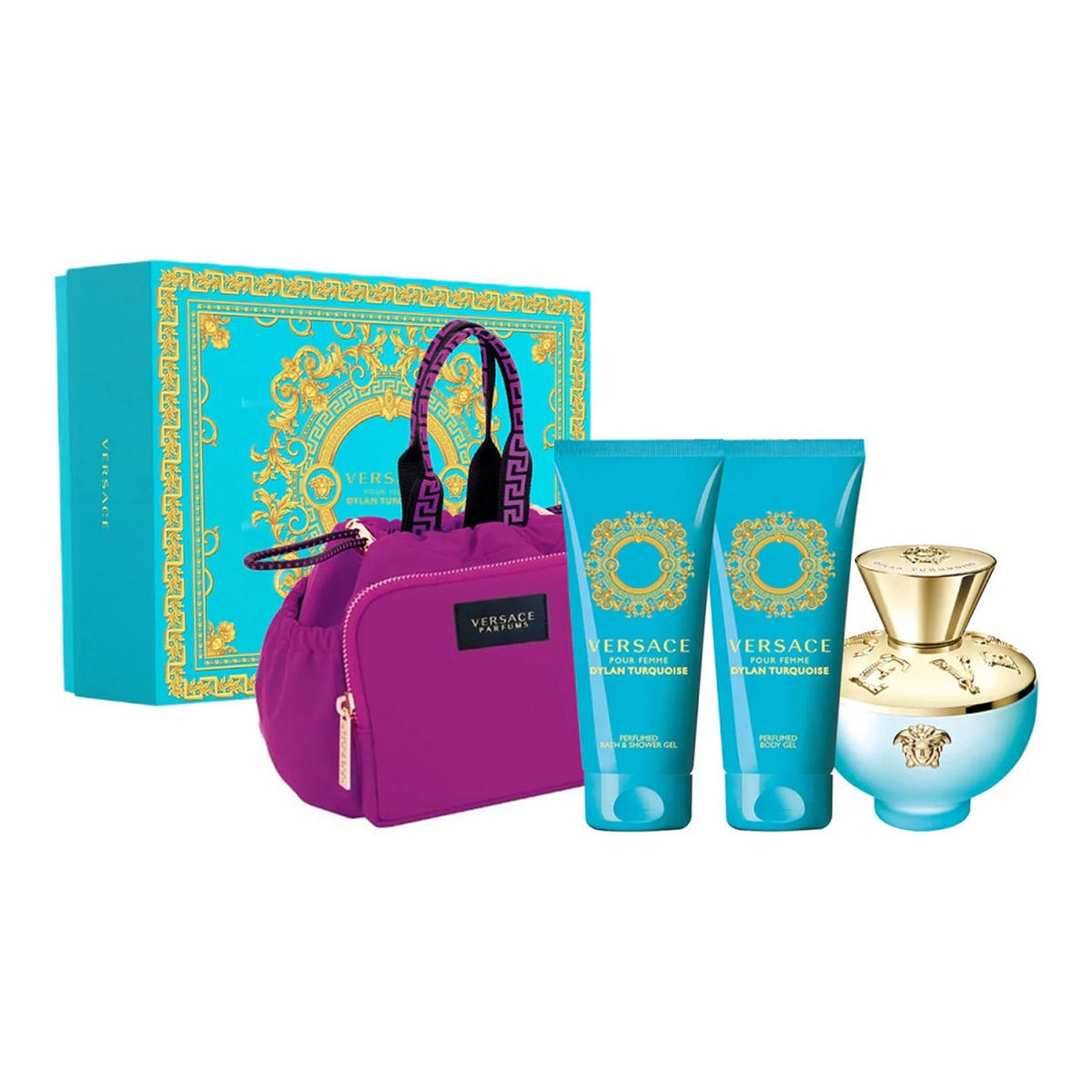 Versace Dylan Turquoise Pour Femme Zestaw woda toaletowa spray 100ml + żel pod prysznic 100ml + żel do ciała 100ml + torba kosmetyczna