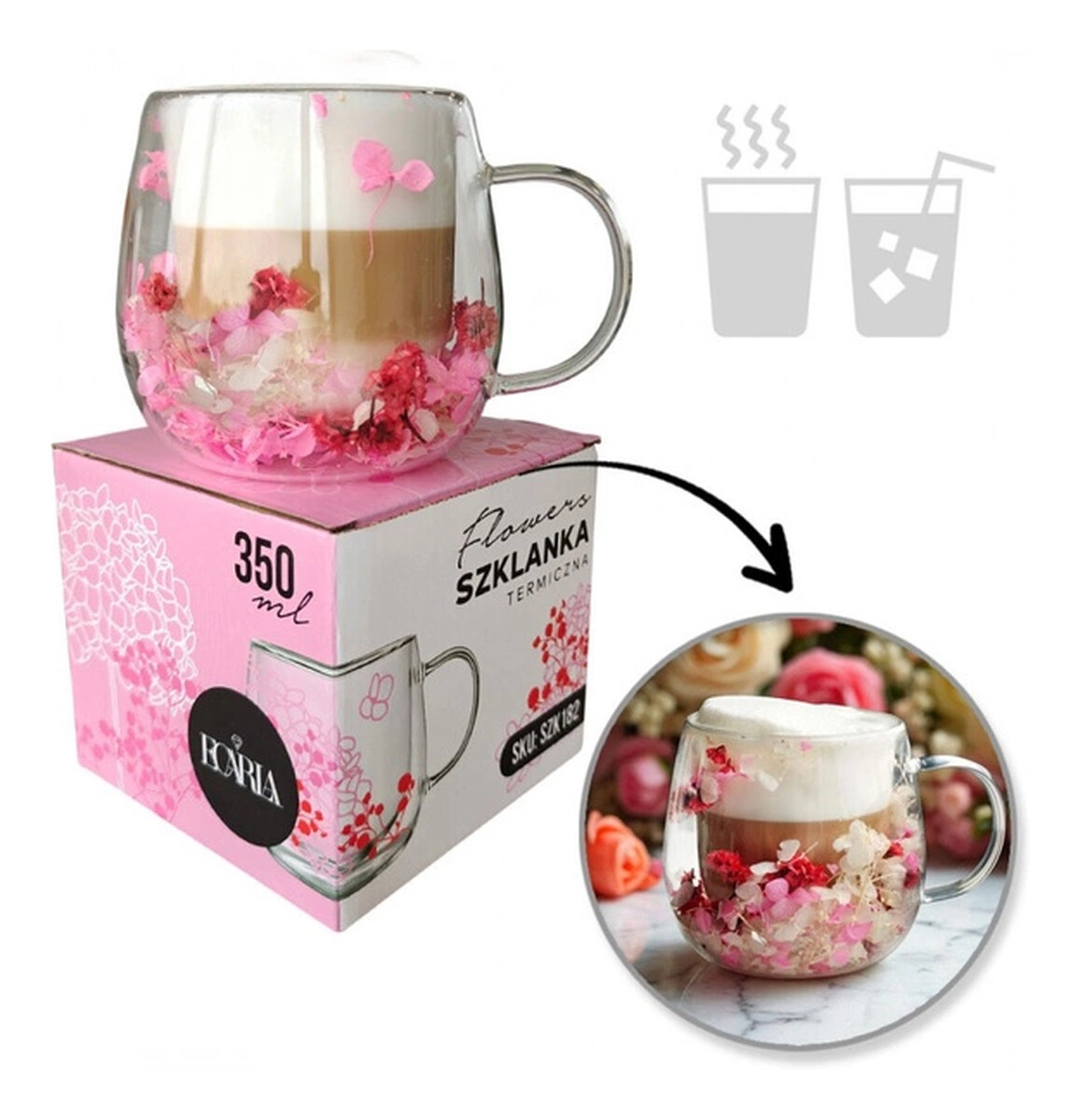 Szklanka termiczna z kwiatami w środku