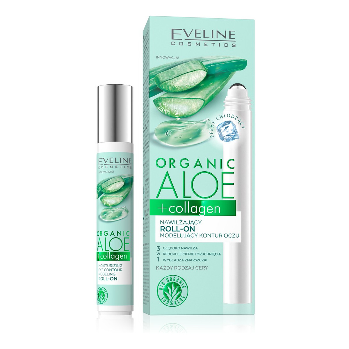 Eveline Organic Aloe + Collagen Nawilżający roll-on modelujący kontur oczu 3w1 15ml