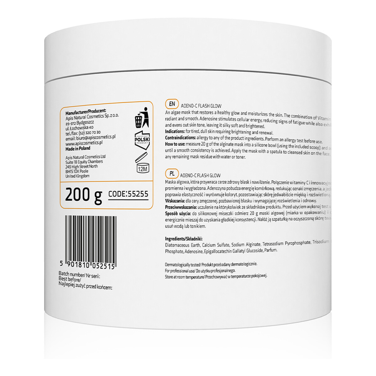 Apis ADENO-C Flash Glow Rozświetlająca maska algowa z witaminą C i adenozyną 200g