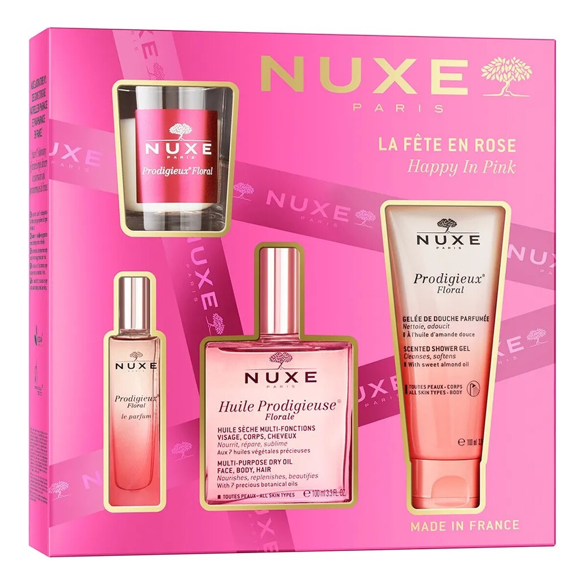 Nuxe Happy In Pink Zestaw suchy olejek regenerujący 100ml + żel pod prysznic 100ml + perfumy 15ml + świeca zapachowa 60g