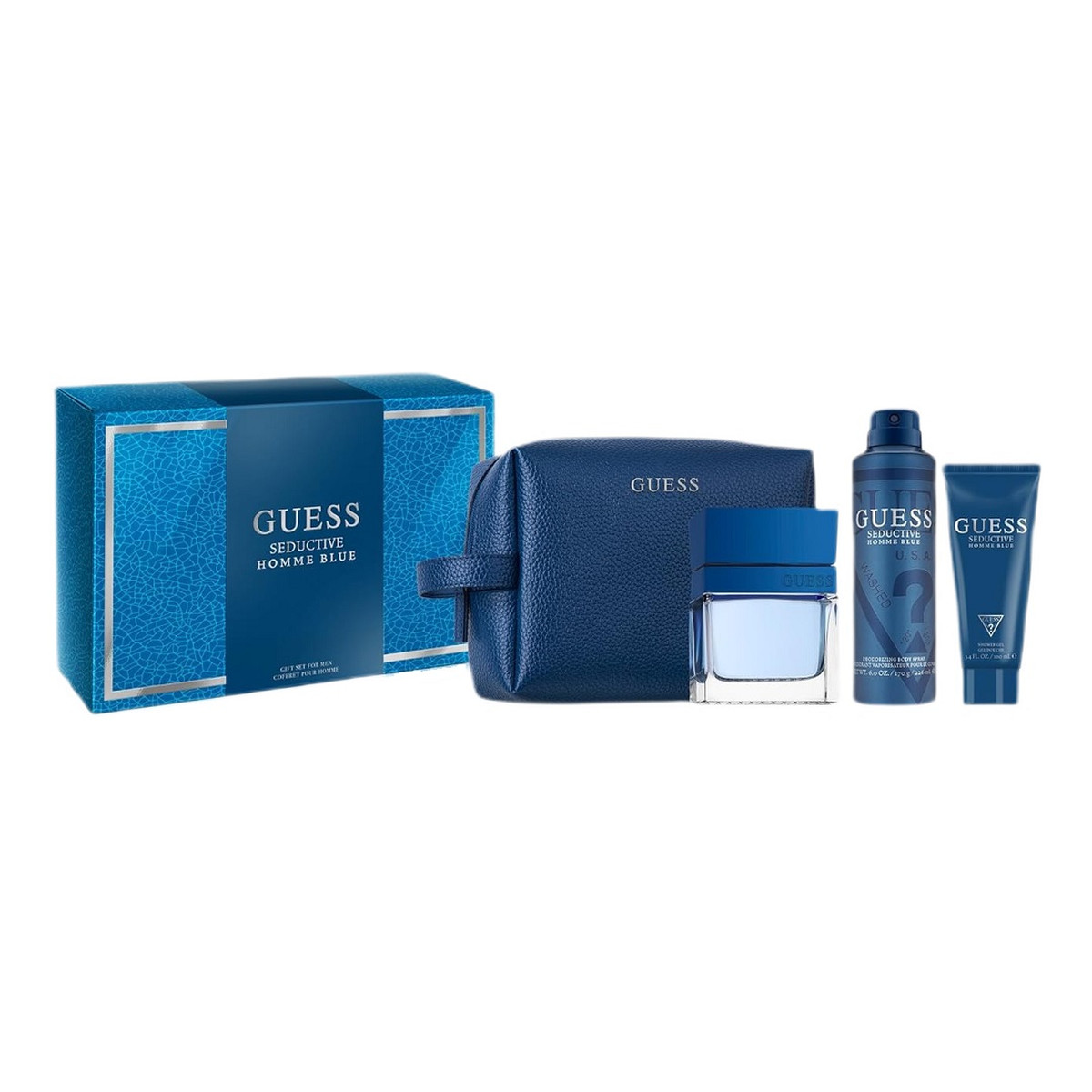 Guess Seductive Homme Blue Zestaw woda toaletowa spray 100ml + dezodorant spray 226ml + żel pod prysznic 100ml + kosmetyczka