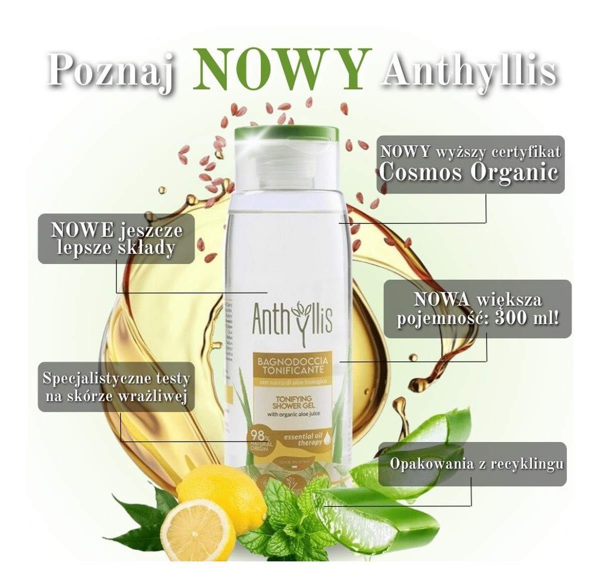 Tonizujący bio żel pod prysznic z organicznym sokiem z aloesu miętą i cytryną