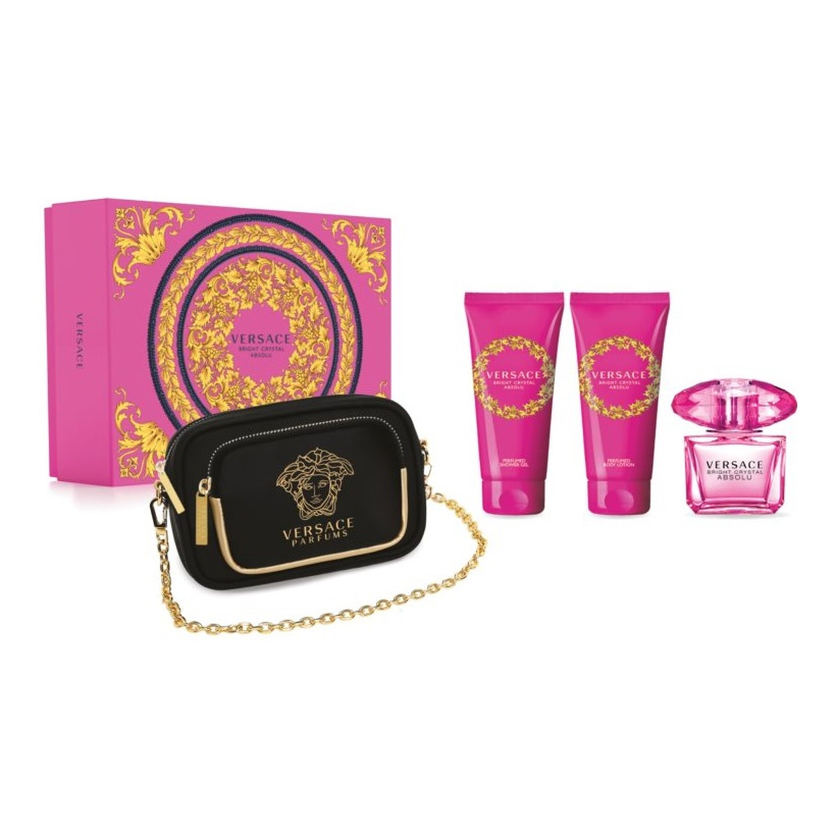 Versace Bright Crystal Absolu Zestaw woda perfumowana spray 90ml + balsam do ciała 100ml + żel pod prysznic 100ml + torebka