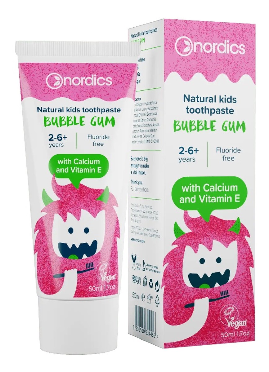 Natural kids toothpaste pasta bez fluoru dla dzieci 2-6+ lat guma balonowa