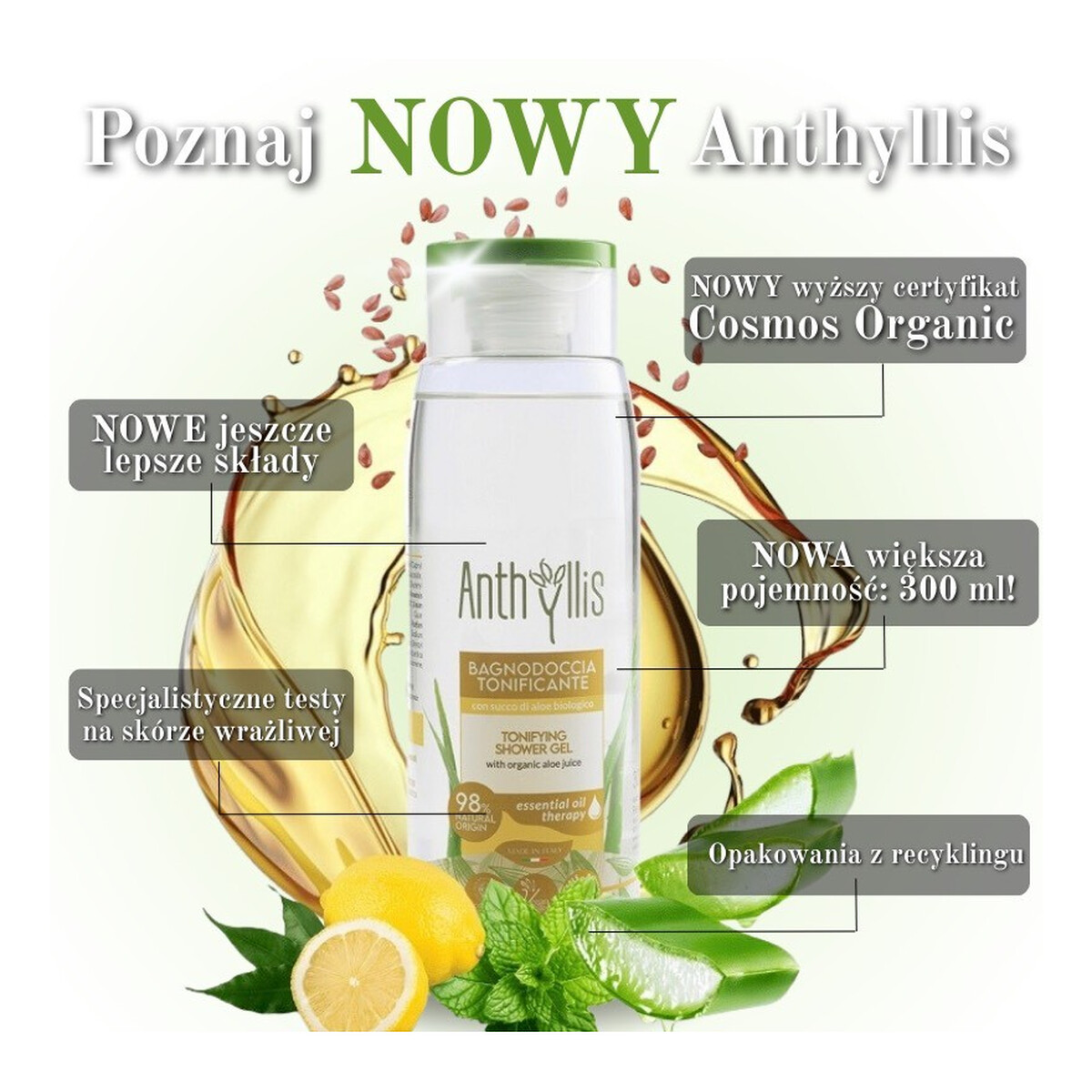 Anthyllis Tonizujący bio żel pod prysznic z organicznym sokiem z aloesu miętą i cytryną 300ml