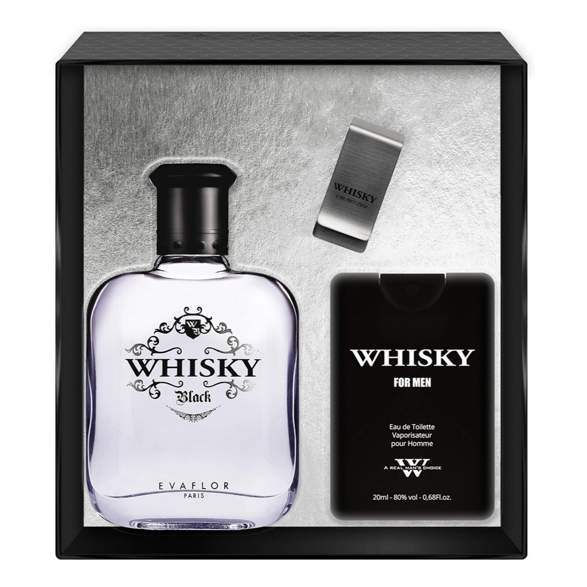 Evaflor Whisky Black Zestaw woda toaletowa spray 100ml + woda toaletowa spray 20ml + klips na banknoty