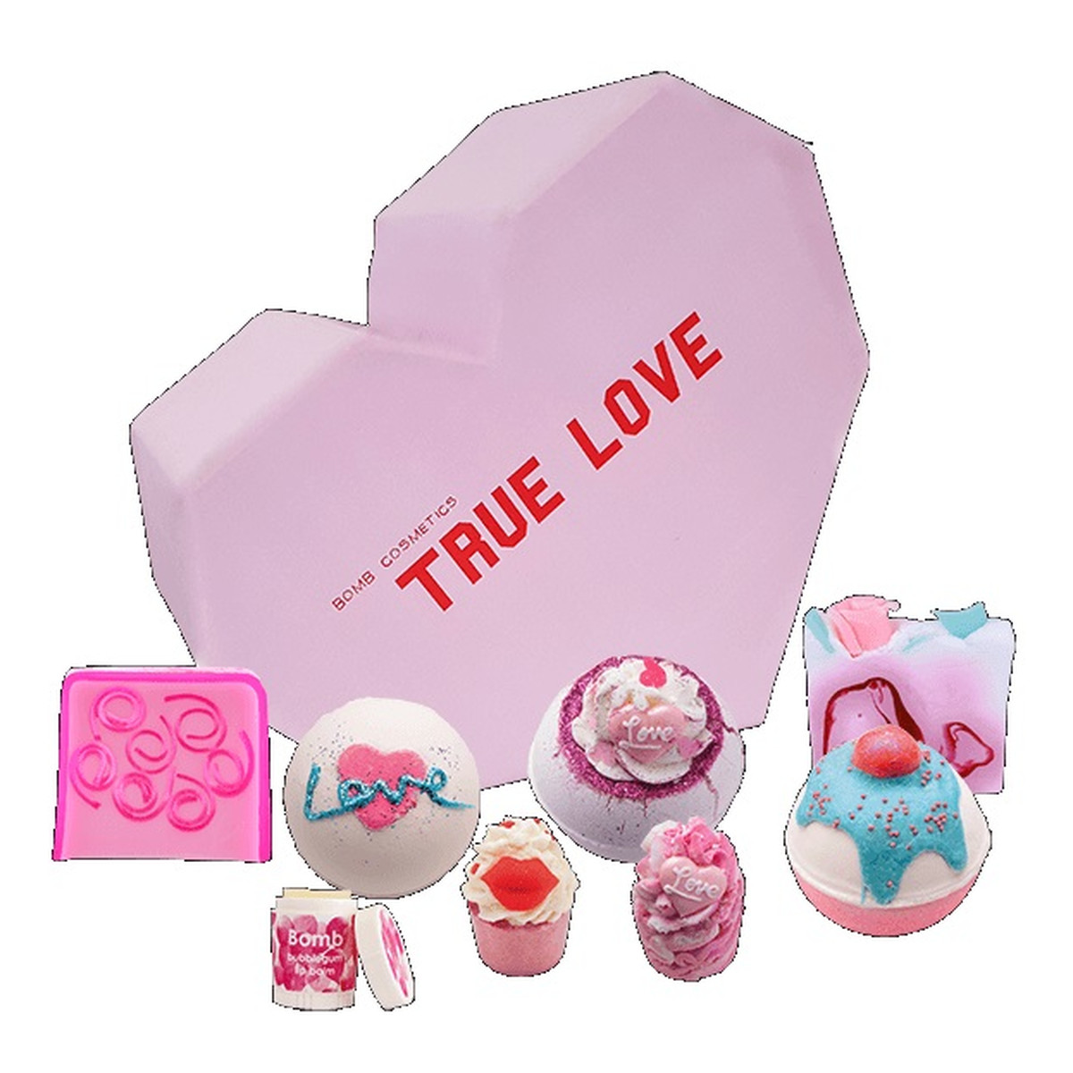 Bomb Cosmetics True Love Gift Box Zestaw kosmetyków kula musująca 3szt + mydełko glicerynowe 2szt + maślana babeczka 2szt + balsam do ust 1szt