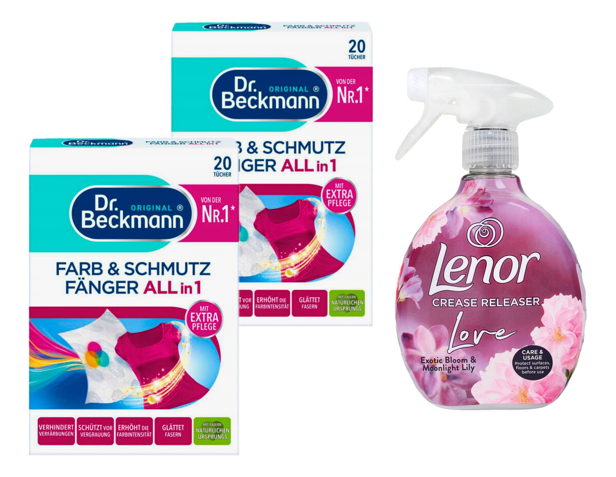 Chusteczki do prania 20 szt. x2 + Lenor Żelazko w sprayu Exotic Bloom 500ml