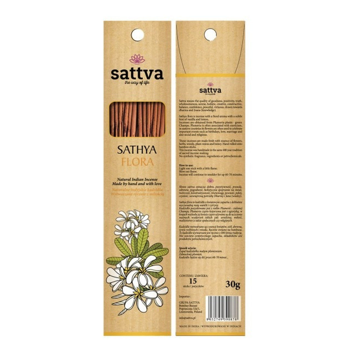 Sattva Naturalne Indyjskie Kadzidła Wytwarzane Ręcznie Z Miłością Flora 15szt 30g