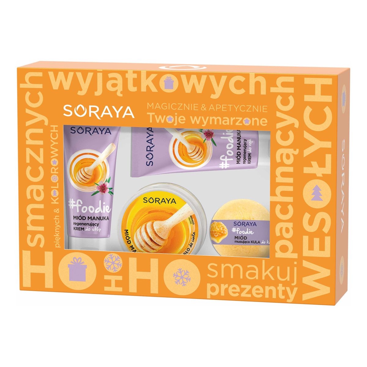 Soraya #foodie Manuka zestaw (Miód Manuka krem do rąk 75ml + masło do ciała 200ml + krem do stóp 75ml + kula do kąpieli 165g)