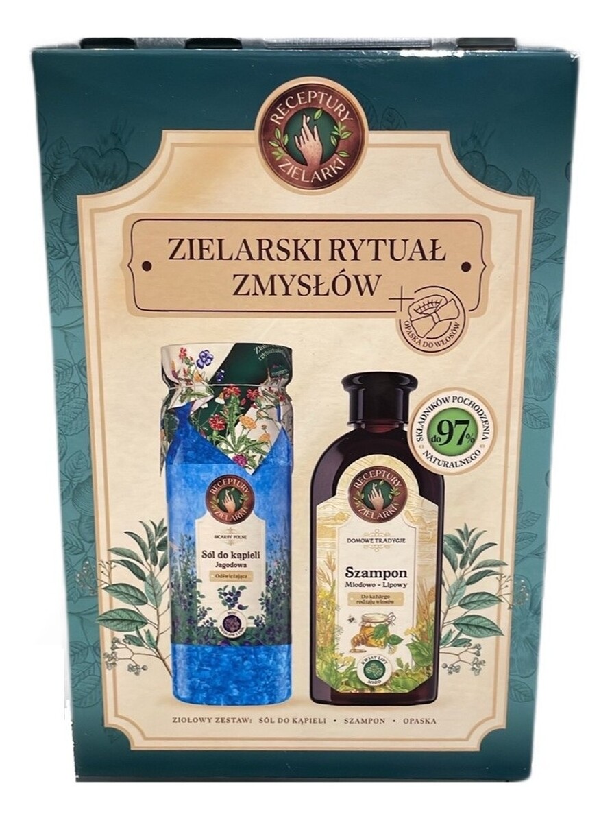 Zestaw szampon miodowo-lipowy do każdego rodzaju włosów 350ml + sól do kąpieli jagoda 700g + opaska do włosów z kokardą 1szt