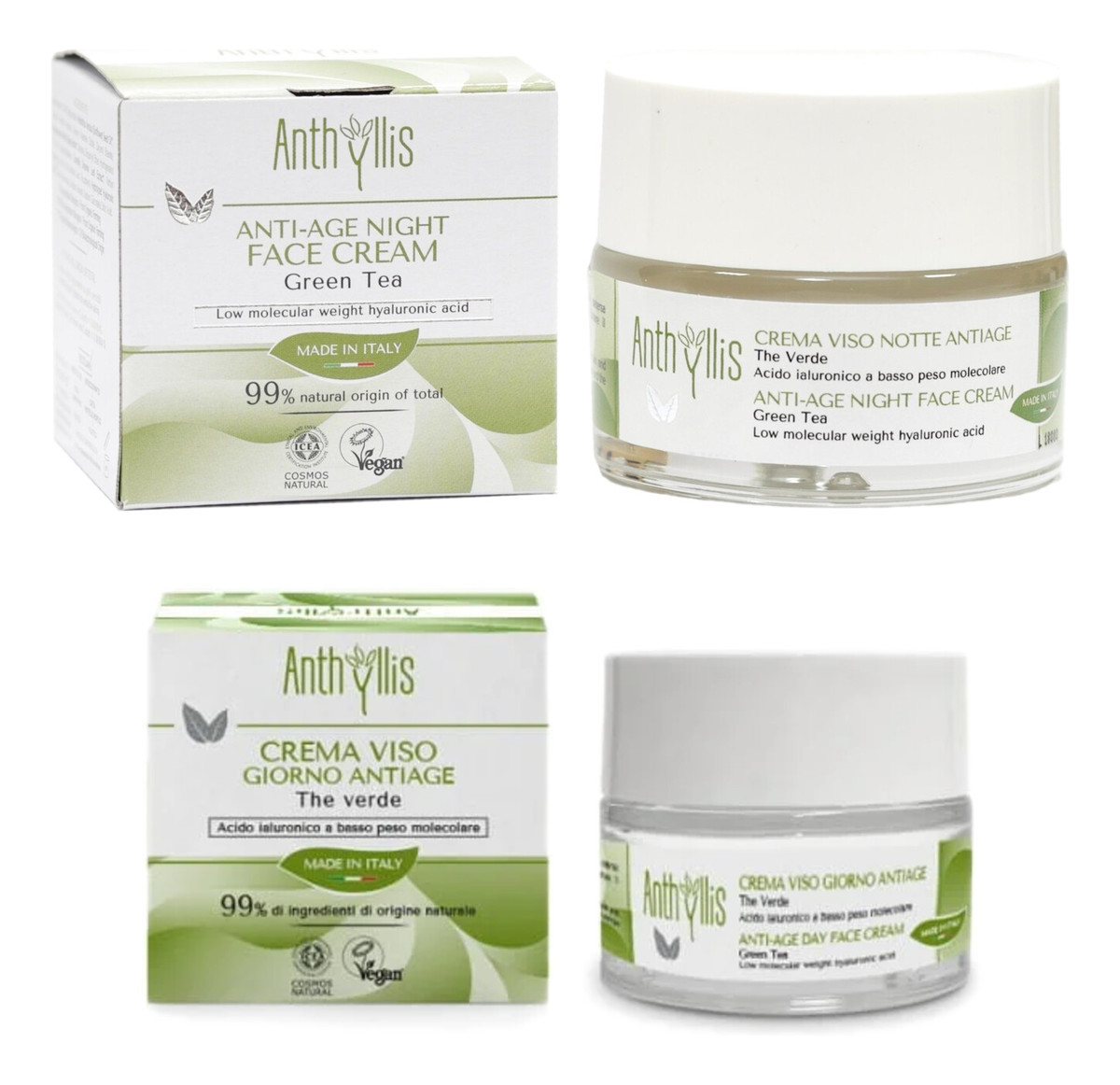 Kremy do twarzy anti-age zielona herbata kwas hialuronowy na dzień + na noc 2x50ml