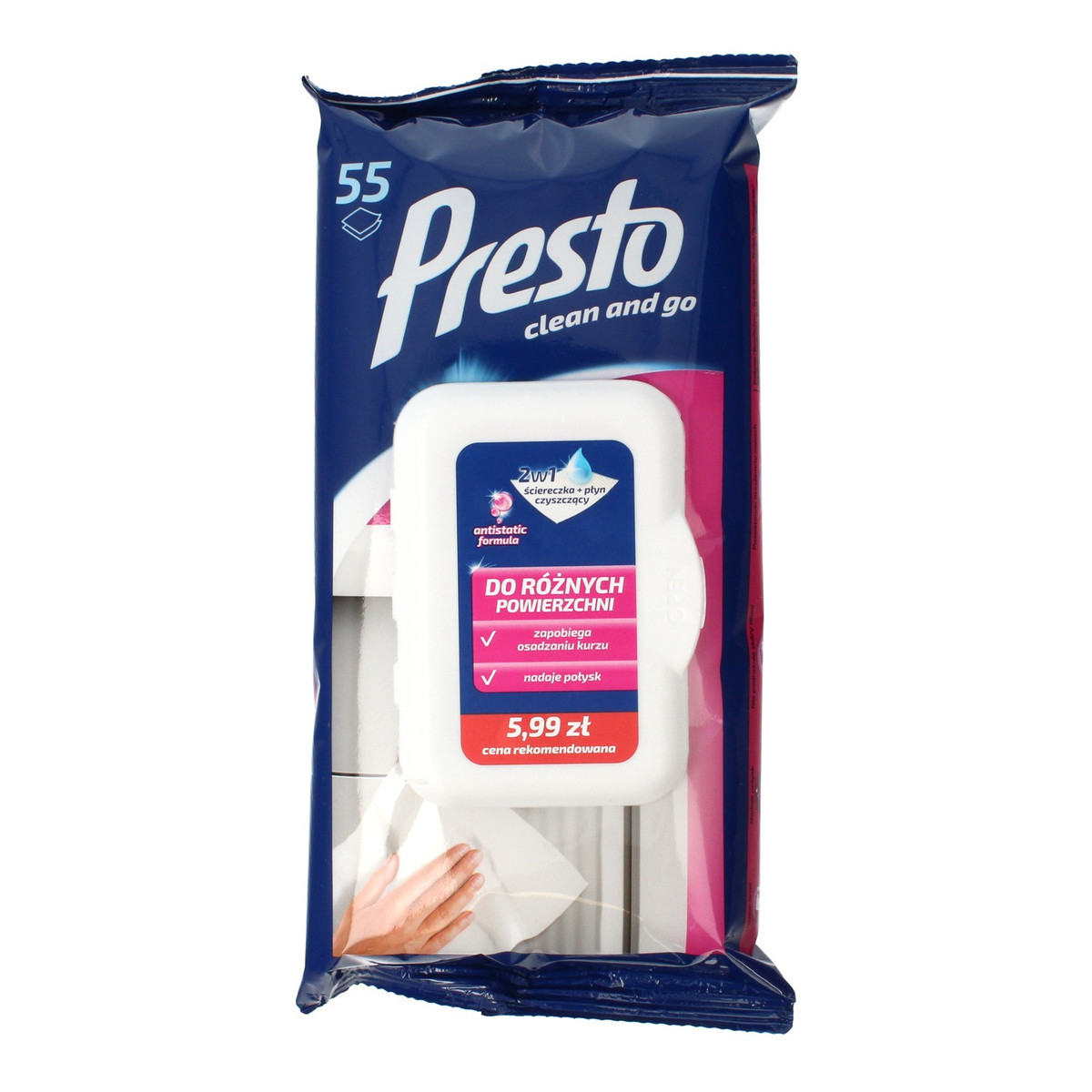 Presto Clean Ściereczki czyszczące+płyn 2w1 do różnych powierzchni zamknięcie pop up 1op.-55szt